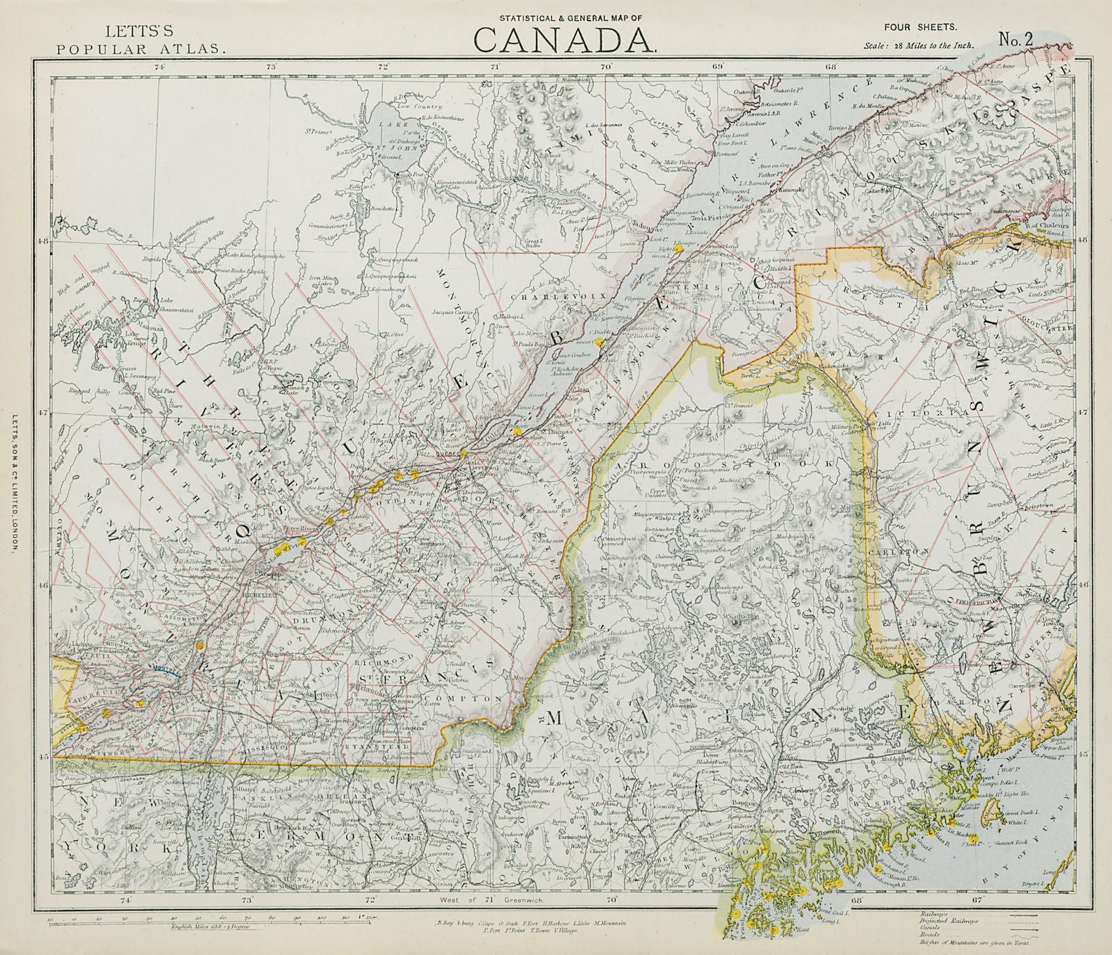 QUEBEC Québec. St Lawrence lighthouses. Maine. New Brunswick. LETTS 1884 map